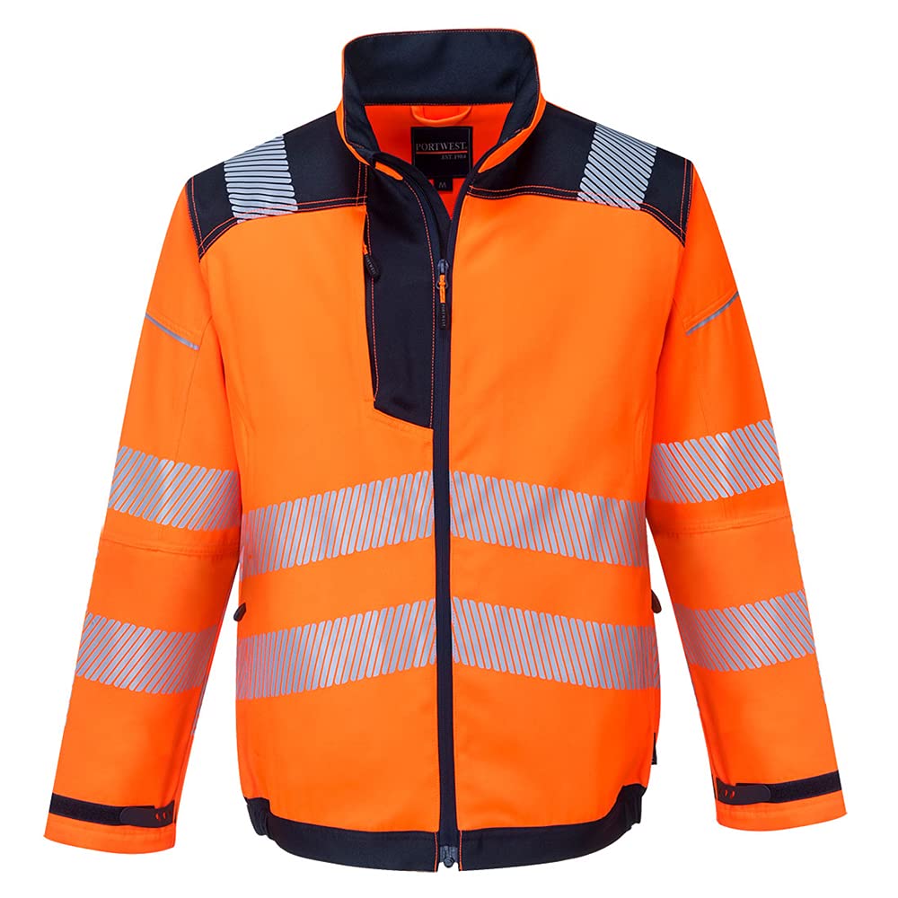 Portwest T500 PW3 Men's Hi-Vis Waterproof Jacket - Reflective High Viz Outdoor Safety Security Workwear Coat, Orange/Navy, L