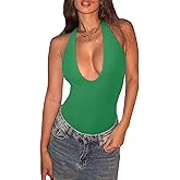 REORIA Bodysuits for Women Halter Tops 2025 Summer V Neck Backless Body Suits Tank Top Trendy Fashion Clothing