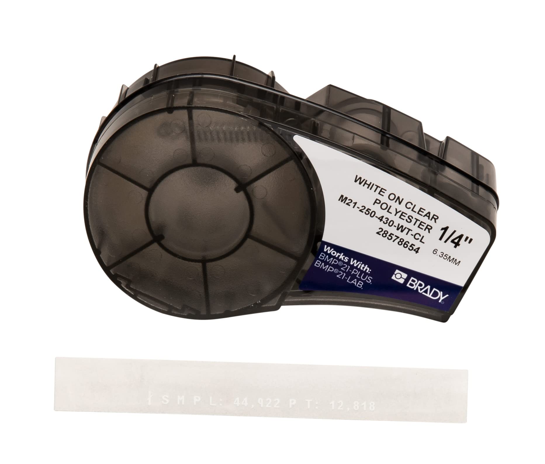 Brady Clear Polyester Labels for M210, M211 Printers – Multi-Purpose Labels for Asset Tracking, Barcode Labelling, Laboratory ID – White on Transparent (6.35 mm x 6.4 m) – M21-250-430-WT-CL