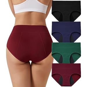 ACEJUNE Period Underwear for Women Cotton Leakproof Briefs - 4 Pack | 5-Layer Extended Gusset, High Waisted Full Coverage Men