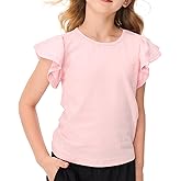MIANZHI Girls Summer Shirts Kids Striped Ruffle Sleeve T Shirts Crew Neck Casual Tops Cute Short Sleeve Tees 5-14 Years