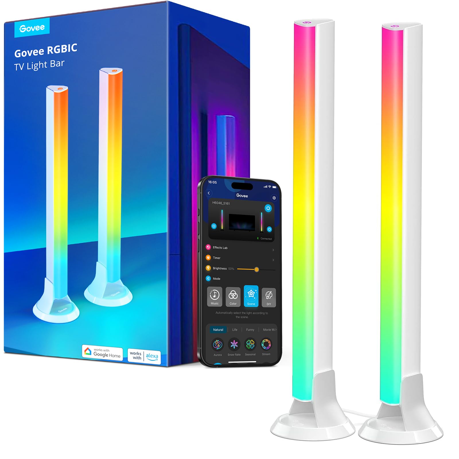 Govee RGBIC Light Bars, 15 Inches WiFi TV Backlight Suitable for 45-70 inch TVs, Smart Light Bars with Multiple Placement Options, Work with Alexa and Google Assistant, White Image