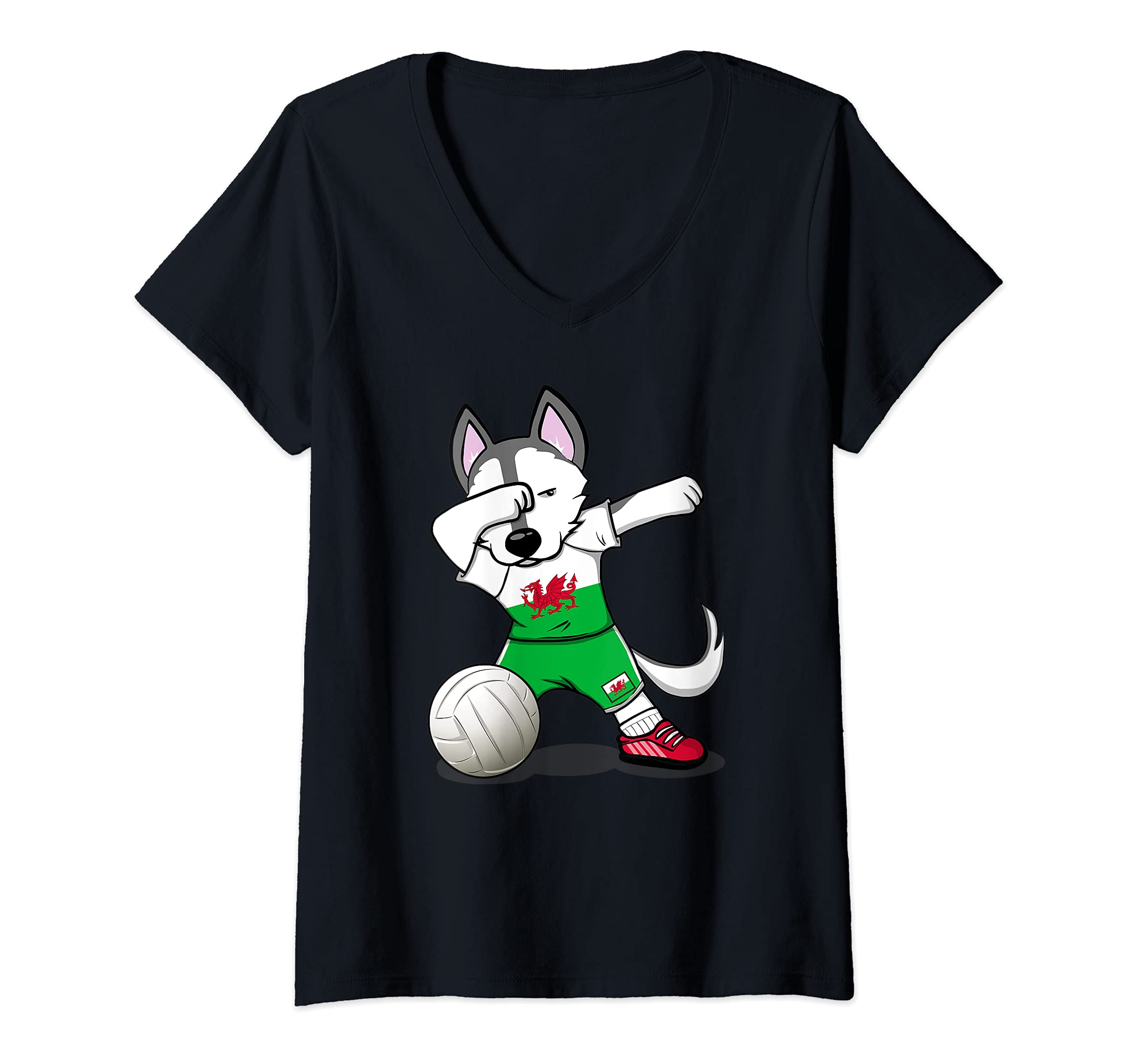 Womens Dabbing Husky Dog Wales Volleyball Fans Jersey - Welsh Flag V-Neck T-Shirt