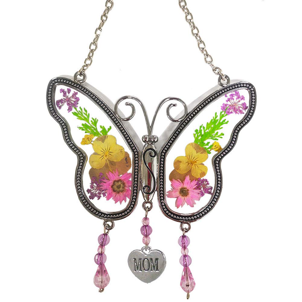 KAKA Store Mom Butterfly Suncatcher Wind Chimes with Pressed Flower Wings Mother Day's Christmas Butterfly Lovers Gift Gifts