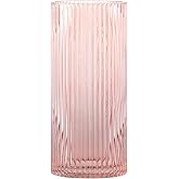 YANWE1 Pink Glass Vase for Flowers Ribbed Glass Vase, Pink Flower Vase, Tall Cylinder Glass Vases for Centerpieces, Living Room, Bedroom, Dining Table, Office, Wedding, Bookshelf Decoration,10 Inches