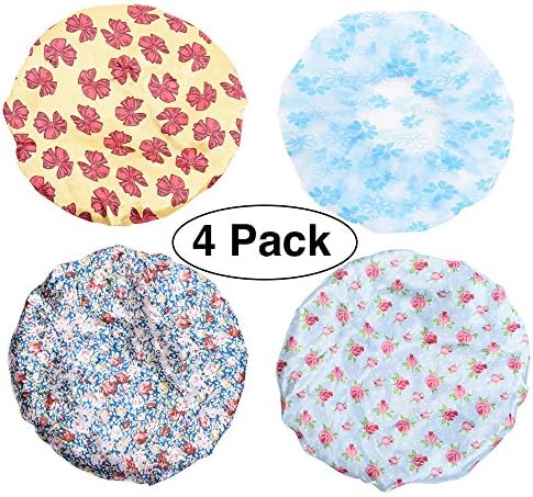 Large Bathing Shower Cap For Woman, Elastic Waterproof And mold resistant hat With 4 Pack Different Patterns (Multi-color)