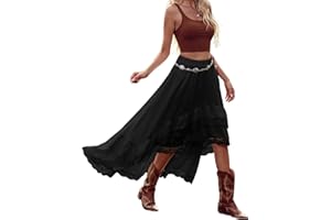JTAISC Women's Maxi Skirt Flowy Boho Lace Ruffle Tiered Long Skirt High Low Asymmetrical Country Cowgirl Western Midi Skirt