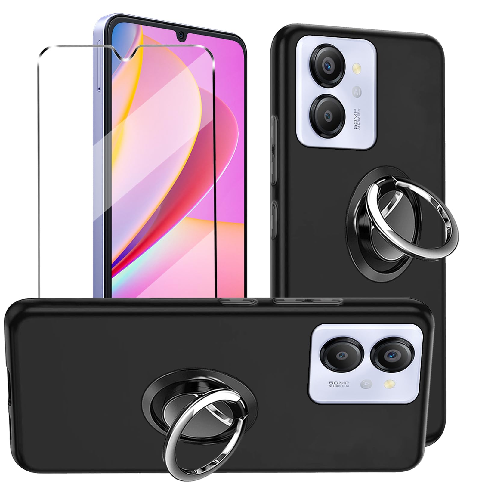 3-in-1 Case + Phone holder Ring Compatible with Blackview Color 8 Oscal Modern 8 Cover with 1 Pack Tempered Glass Screen Protector , Slim Fit Soft TPU Shockproof Anti-Scratch Phone Case Cover - Black