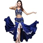 ORIDOOR Women's Belly Dance Dress Belly Crop Top Bra Top and Belt Chiffon Dancing Split Skirt Costume 3-Piece Outfit