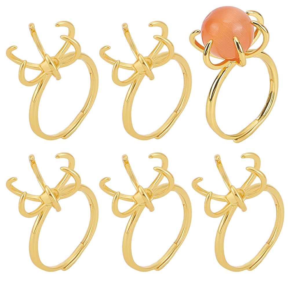 arricraft 6 Pcs 18k Gold Plated 6 Claws Ring Blanks, 17.1mm Adjustable Ring Bases Brass Finger Ring Components Claw Prong Settings for DIY Irregular Cabochon Ring Jewelry Making
