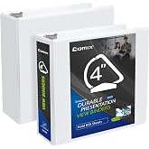 COMIX Durable 4 Inch D-Ring 3 Ring Binder with Clear View Cover | 4"Heavy Duty D-Ring,PVC-Free 2.4mm Board,Holds 835 Letter Sheets,Commercial Bulk for Corporate Offices,2 Pack (White)