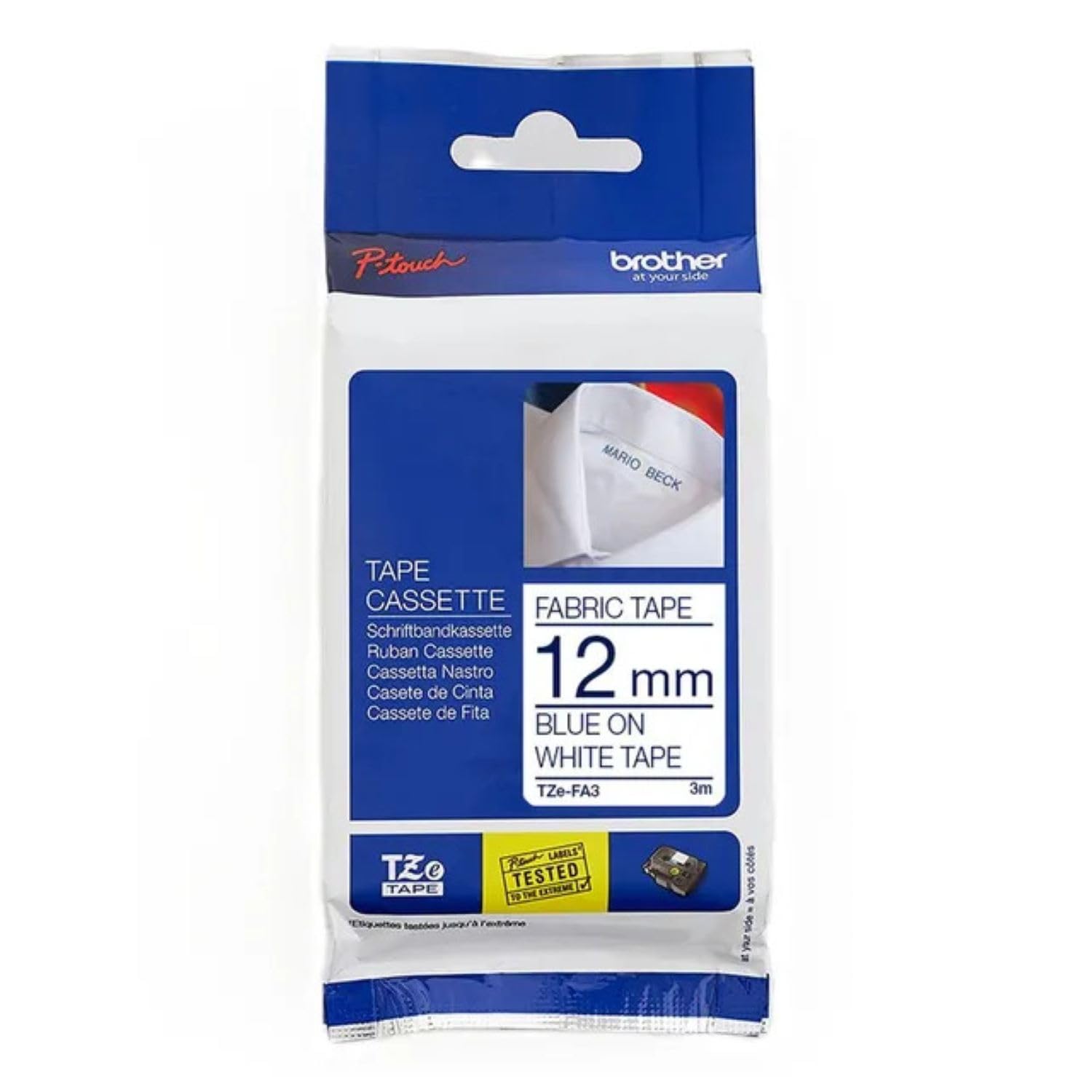 Brother Blue on White 12mm Fabric Tape