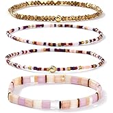SHINUS BOHO Tila Flat Gold Beaded Bracelet Stack for Women,4PCS Dainty Stretch Stackable Pink Square Small Beads Bracelets Set Fashion Prom Holiday Festival Accessories Jewelry Gift Friendship