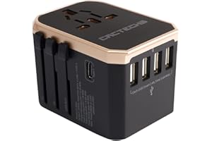 CACTECHS International Universal Travel Adapter Worldwide 4 USB 1 Type C Travel Charger, EU UK European Travel Plug Adapter Europe Power Outlet Converter, Travel Essentials Accessories - Gold