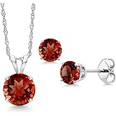Gem Stone King 14K White Gold Red Garnet Pendant Earrings Jewelry Set For Women | 1.74 Cttw | Gemstone January Birthstone | Round 6MM | with 18 Inch Chain