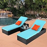 Do4U 3 Pcs Outdoor Chaise Lounge - Easy to Assemble - Thick & Comfy Cushion Wicker Lounge Chairs Include 1 Table and 2 Chaise Lounge- Exp Rattan with Turquoise Cushion (EXP-7223)