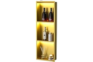 Bernkot Led Shower Niche 36" X 12" Gold Stainless Steel Shower Niche with 3-Tiers Shelf & Light IP66 Waterproof No Tile Needed Niches Shower for Bathroom Storage Recessed Bathroom Shelves