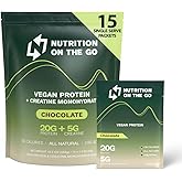 Nutrition On The Go Vegan Protein Powder Packets with Creatine – 20g Plant Proteins + 5g Creatine – Single-Serve Travel Protein Powder – All-Natural, Gluten-Free – Chocolate – (15-Pack)