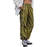 Yousify Womens Baggy Parachute Pants Wide Leg Elastic Waisted Contrast Track Pants Y2K Hiking Jogger Sweatpants with Pockets