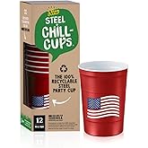 Steel Chill Cups 16 oz. Party Cups Flag Design for Cold Drinks, Sturdy and Durable, Disposable, Recyclable, Made in USA, Patriotic, Red, 12 Count