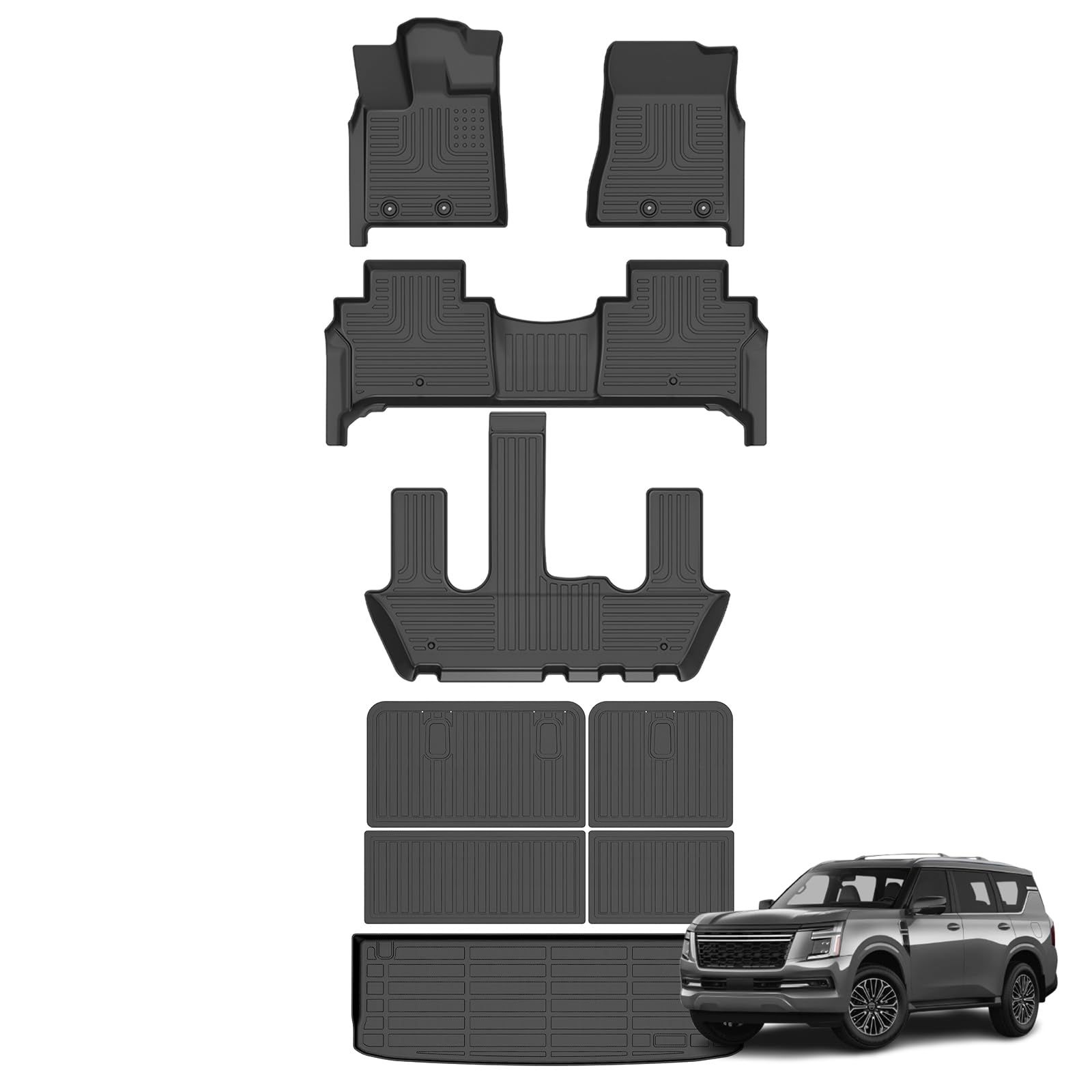 AZYT Floor Mats & Cargo Liner for Nissan Armada/Infiniti QX80 2025 2026 7 Seats with Backrest Mat, All Weather Automotive TPE Floor Liners Set Anti-Slip Waterproof Accessories Black Image