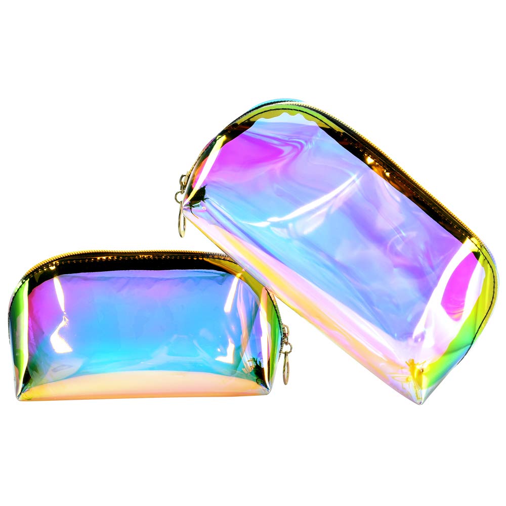 KBNIAN 2 Pcs Holographic Makeup Bag Laser Cosmetic Bag Transparent Toiletry Bags Waterproof Cosmetic Bag with Zipper Portable Makeup Organizer Bag Pencil Case for Personal Care Beauty Cosmetics