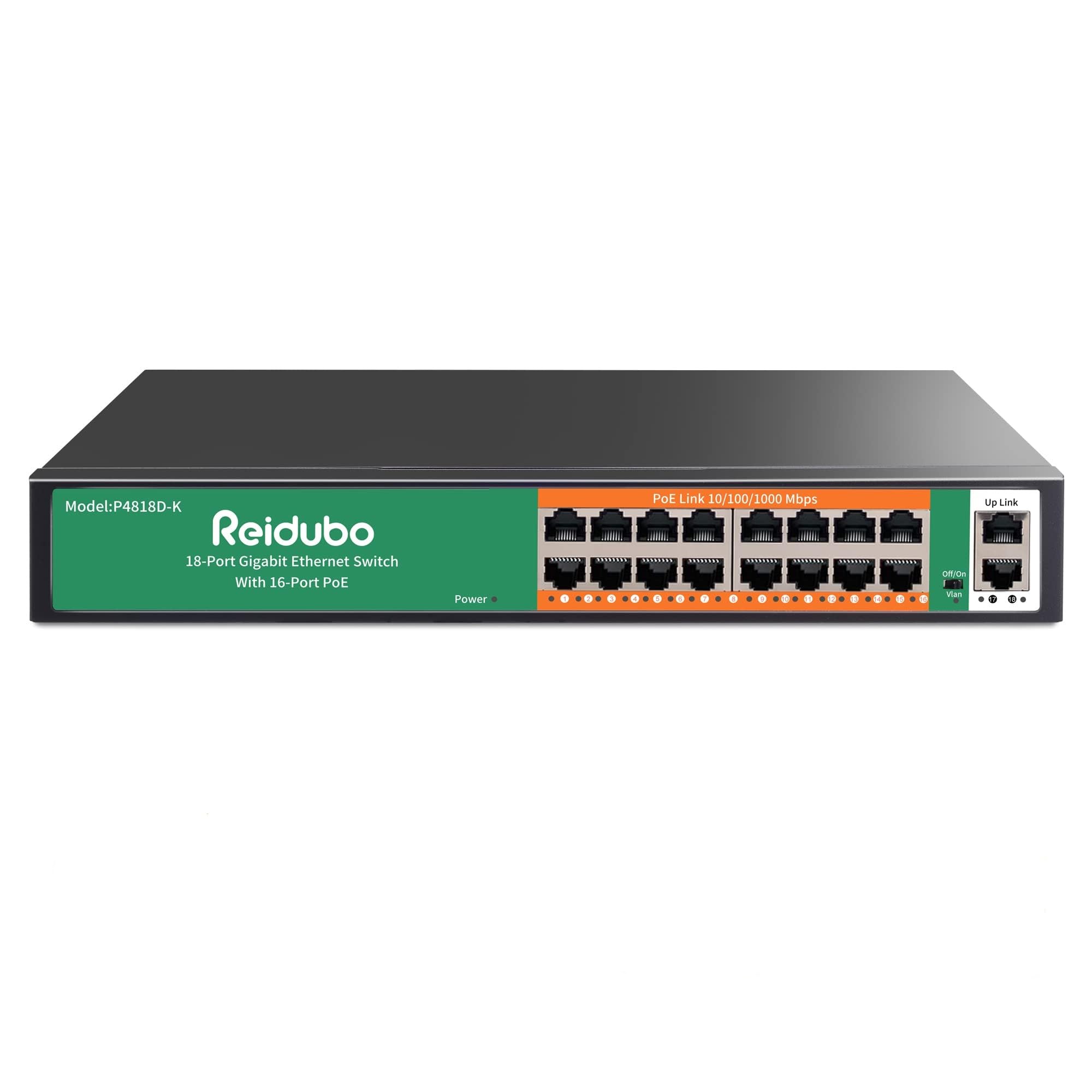 18 Ports Gigabit PoE Switch,16 Port Gigabit PoE+ Network Switch with 2 Uplink Gigabit Ports, 250W, Unmanaged, 19-inch Rackmount, Fanless Quiet Operation, Compatible with AP WiFi6, PoE Cameras