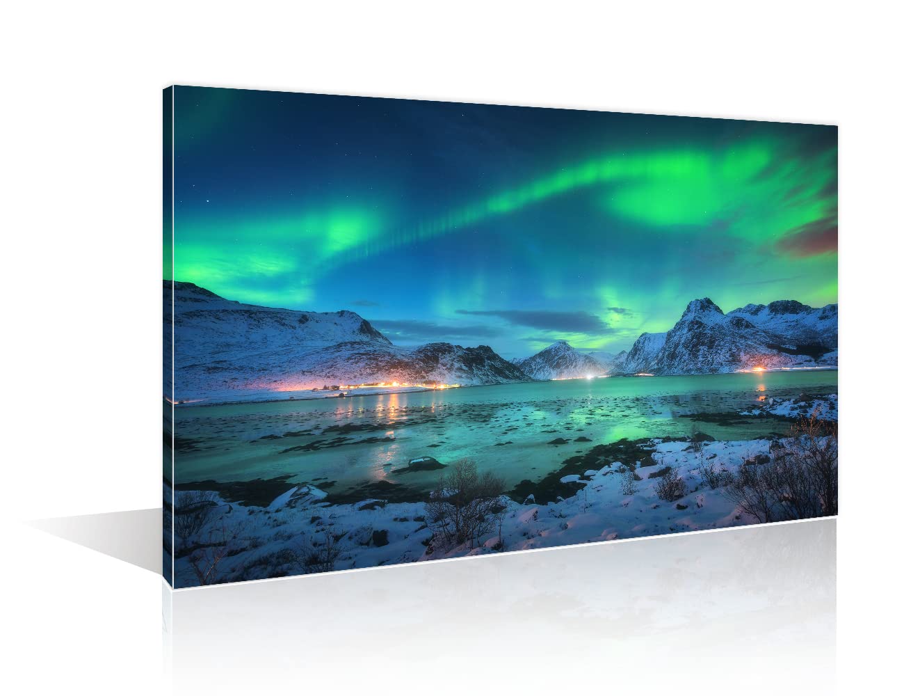 TISHIRON Northern lights in Lofoten Islands Norway Canvas Wall Art Aurora Borealis Wall Painting Modern Artwork Winter Landscape Home Decoration for Living Room Framed Ready to Hang (16" Wx24 H)