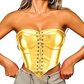 REETAN Lace-up Metallic Corset Top Gold Boned Overbust Bustier Rave Bodyshape Crop Top for Women