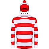PARTYEVER Adult Men Halloween Red and White Striped Long Sleeve Tee Shirt Glasses Hat Outfit Suit Set Funny Cosplay Costume