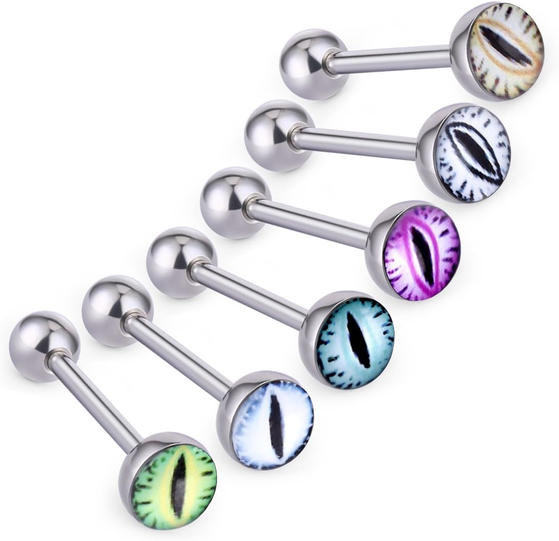 COTTVOTT Eye Pattern Envionment Steel 14Gauge Barbell Tongue Rings Piercings Body Jewelry Pack of 6