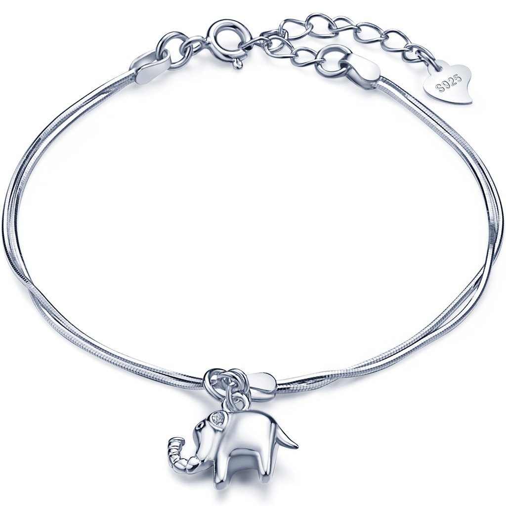 Infinite U Women Girls Charm Bracelet 925 Sterling Silver, Cute Elephant bangle, Adjustable Hand Link, Double Chains Extension, Silver