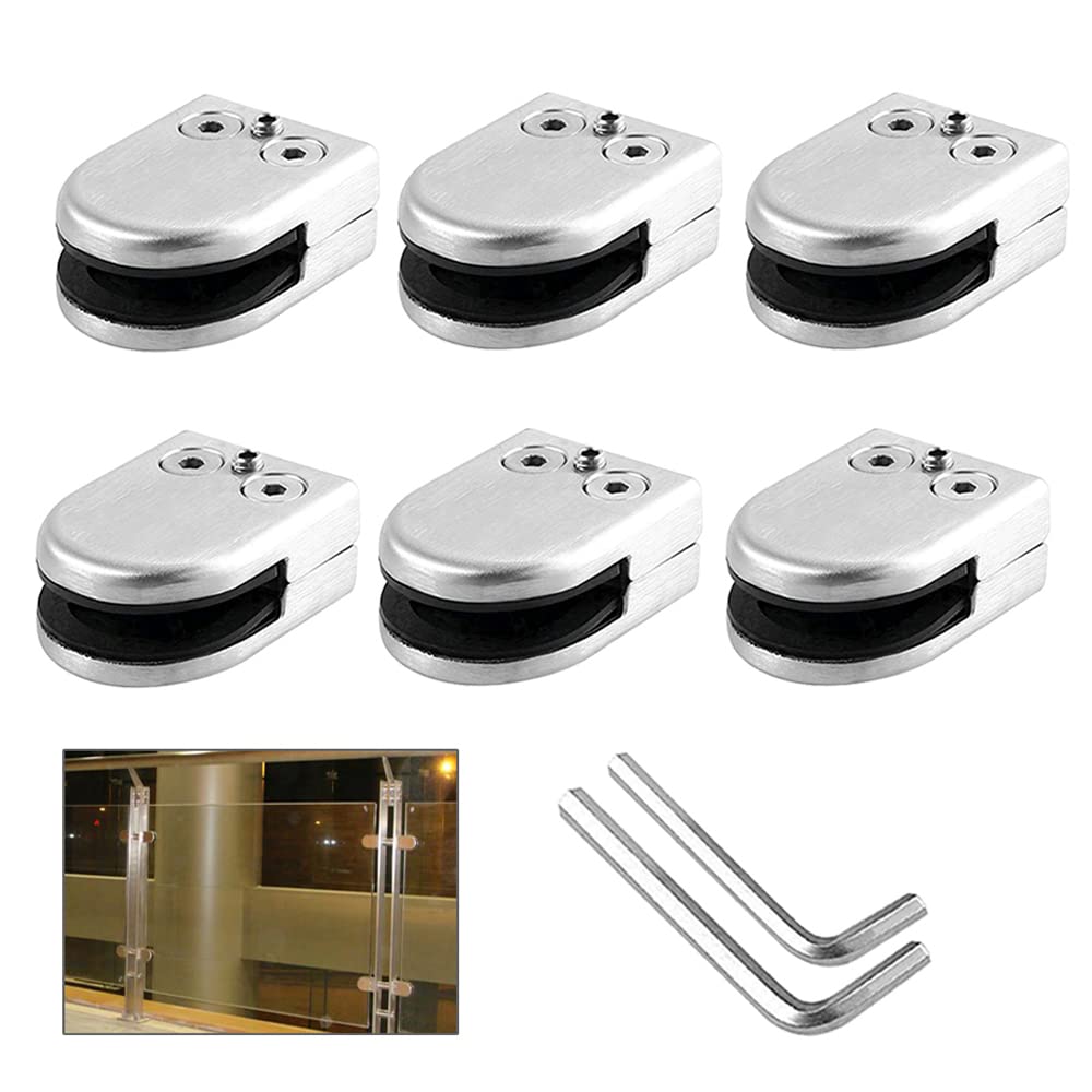 QitinDasen 6 Pieces 8～10 mm (M Size) Glass Clamps, 304 Stainless Steel Glass Clip Clamp, Adjustable Glass Clamp Bracket Flat Back, for Staircase Balustrade Handrail (Silver)