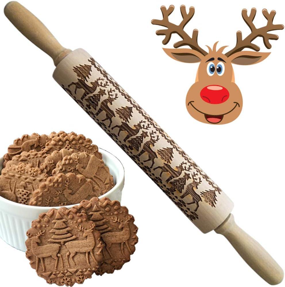 Christmas 3D Wooden Rolling Pins for Baking, Engraved Embossing Rolling Pin for Cookies - Waffles Pastry Dough Pie with Deer Tree Pattern Xmas New Year Creative Gift (Christmas Elk)
