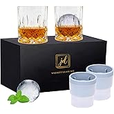 Whiskey Rocks Glass Set In Gift Box - Includes 2 Crystal Bourbon Glasses and 2 Big Ice Ball Molds - 10 Oz Old Fashioned Glasses for Scotch, Cocktails, Rum, Cognac, Vodka - Unique Gift for Men