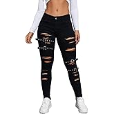 Floerns Women's Ripped Distressed High Waist Jeans Stretch Denim Pants