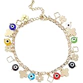 HEYu jewelry Evil Eye Bracelets for Women, 14K Plated Gold Lucky Protection Evil Eye Link Bracelet with Four-Leaf Clover Spiritual Protection Bracelet Christmas Birthday Gifts for Women