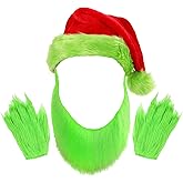 nezababy 3PCS Green Monster Beard Santa Hat Furry Gloves Christmas Costume Accessories Adult Men Cosplay Outfit Props for Xmas Halloween Dress Up Holiday Party