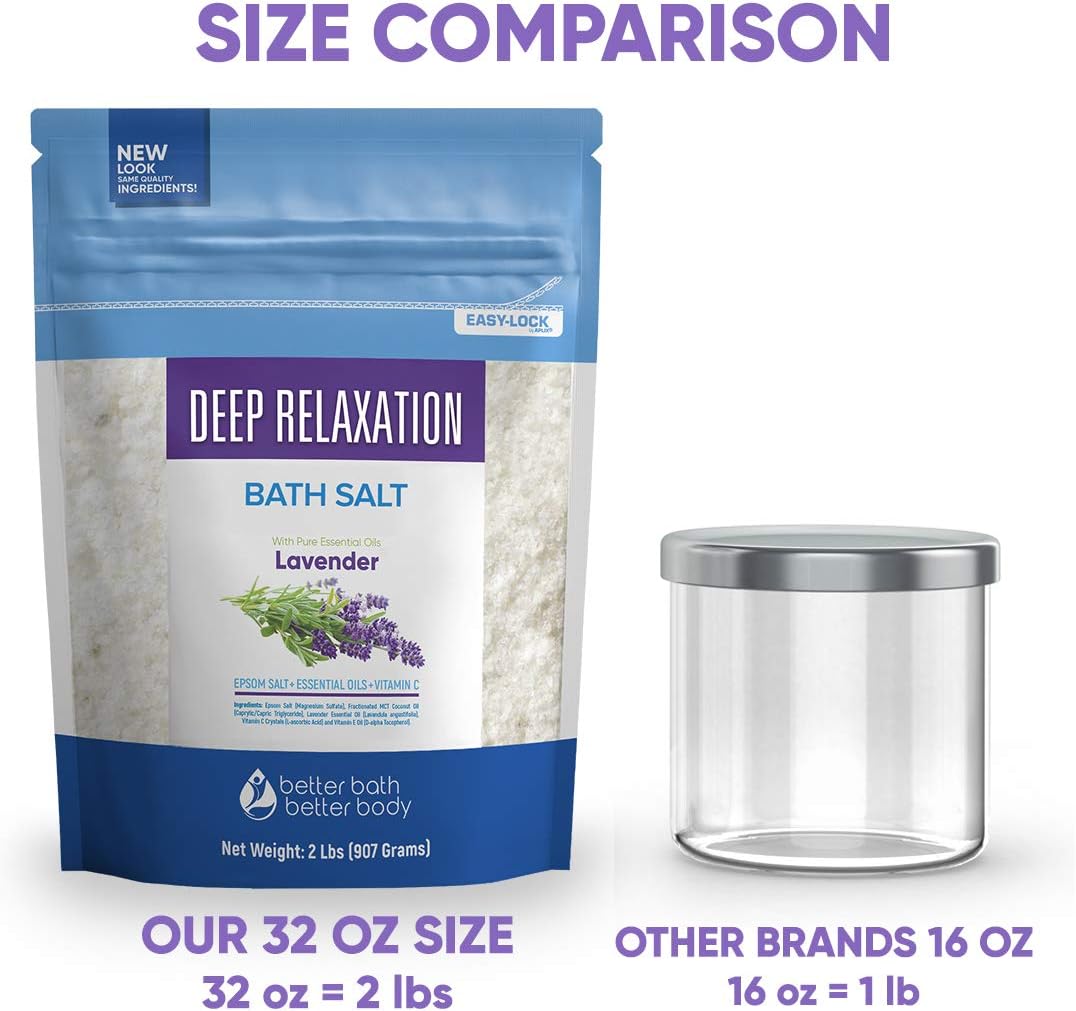 Deep Relaxation Bath Salt 32 Ounces Epsom Salt with Natural Lavender Essential Oil Plus Vitamin C in BPA Free Pouch with Easy Press-Lock Seal: Health & Personal Care