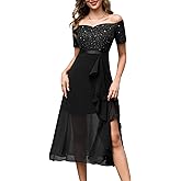 BeryLove Sequin Formal Wedding Guest Prom Party Dress Off Shoulder Cocktail Sparkly Midi Evening Dress