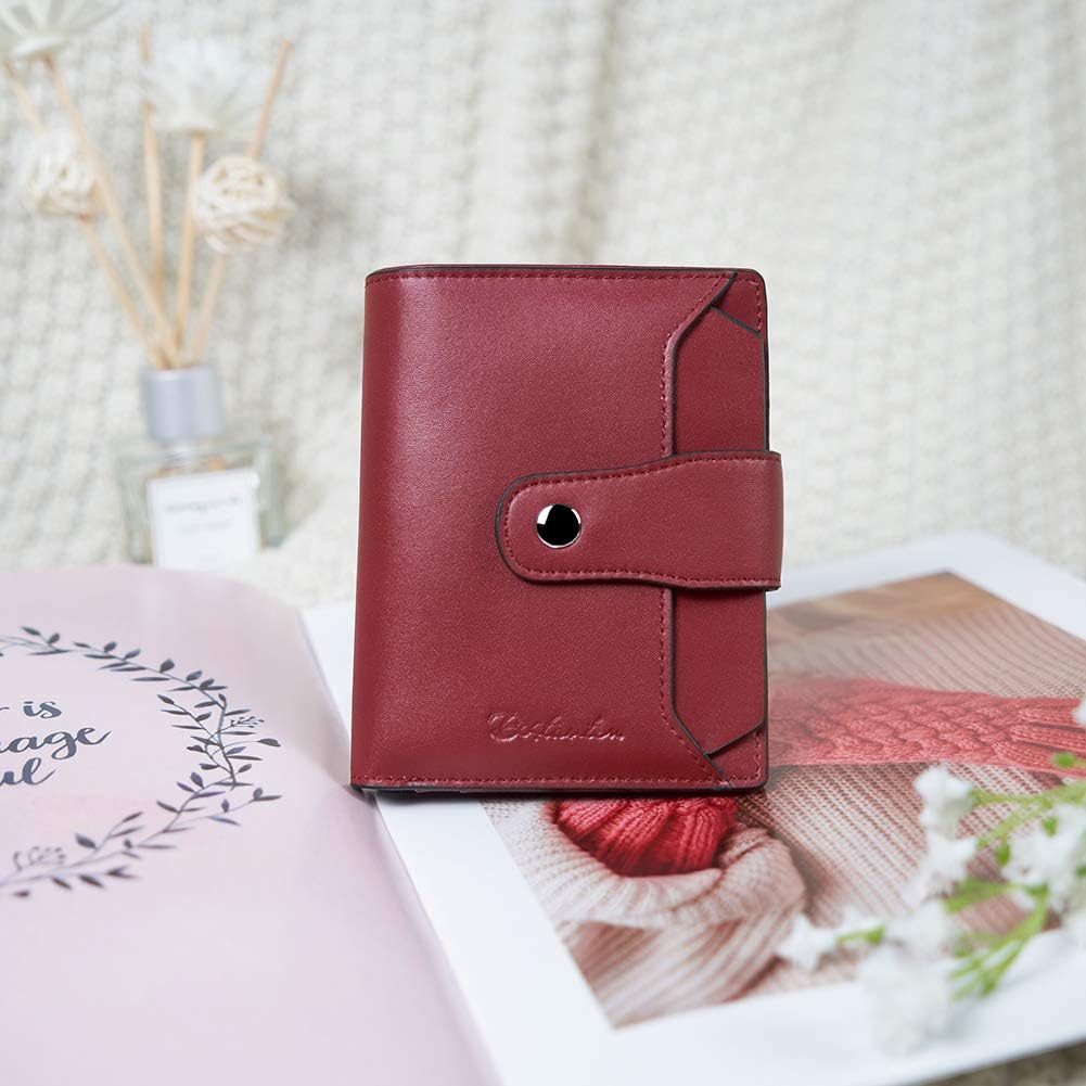 BOSTANTEN Women Leather Wallet RFID Blocking Small Bifold Zipper Pocket Wallet Card Case Purse with ID Window Wine Red