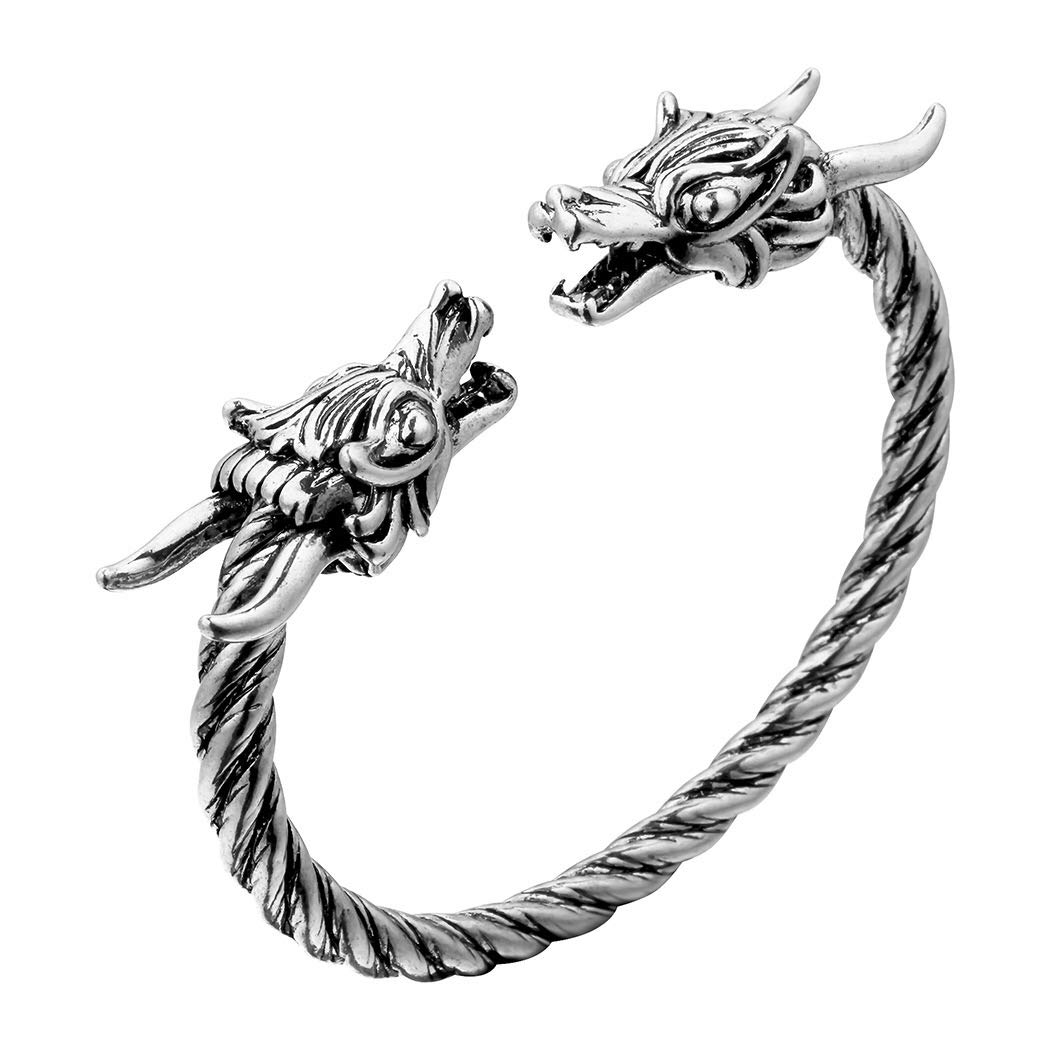 Men's Double Head Dragon Bracelet, AILUOR Norse Viking Adjustable Stainless Steel Gold Sliver Cuff Cool Polished Twisted Arm Ring Cable Bangles Pagan Jewelry (Silver-1)