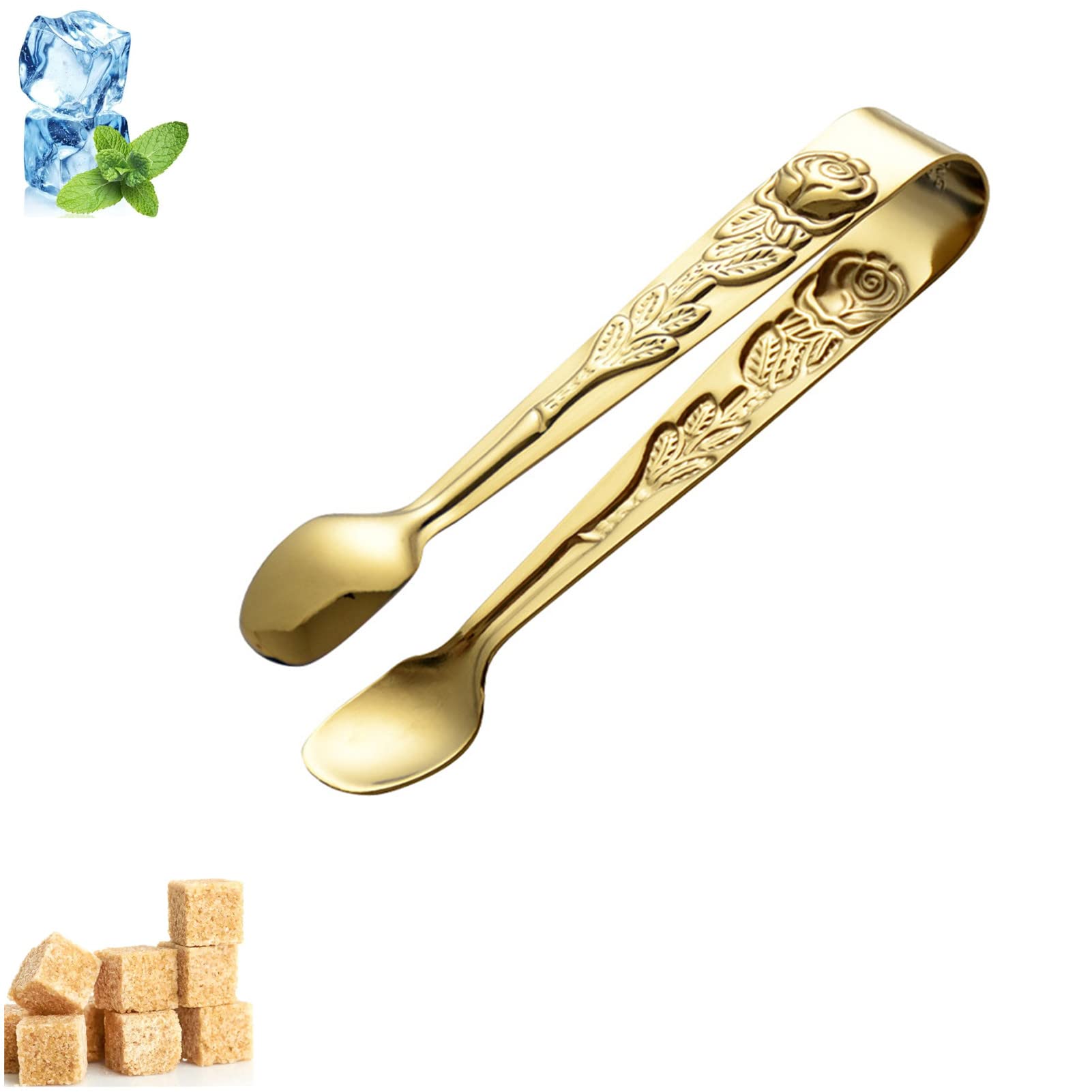 Fiacvrs Mini Serving Tongs, 4Inch Rose Stainless Steel Sugar Cube Tongs, Sliver Small Ice Tongs for Tea and Coffee Party(Gold)