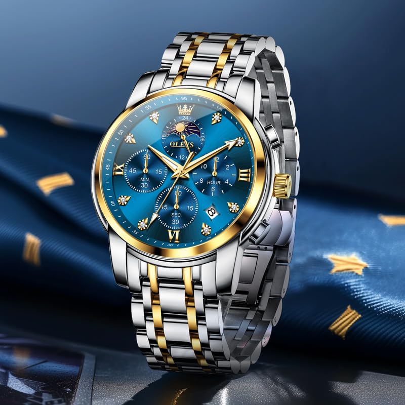 OLEVS Watch for Men Diamond Business Dress Analog Quartz Stainless Steel Waterproof Luminous Date Two Tone Luxury Casual Wrist Watch Blue