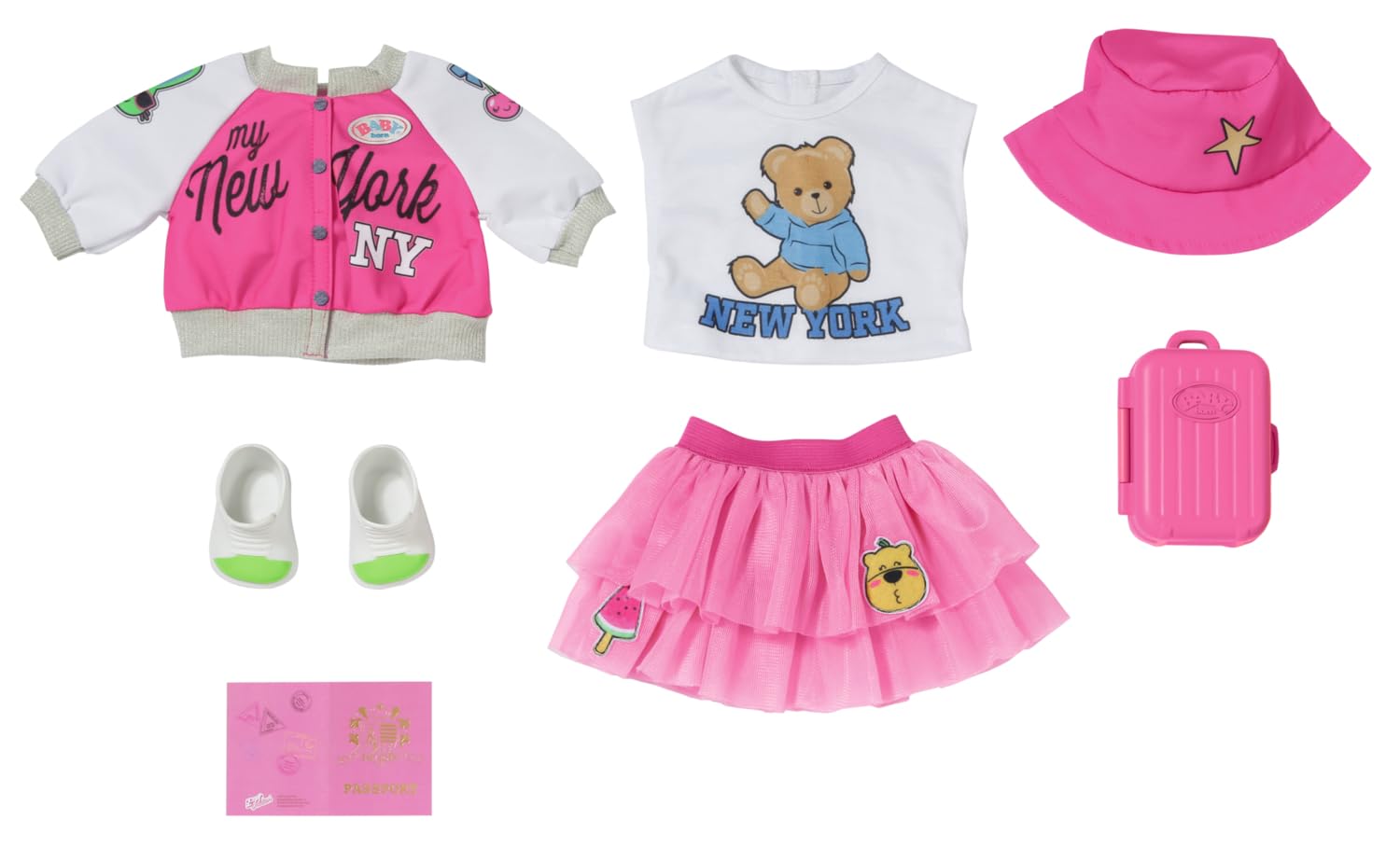 BABY born Deluxe Travel Outfit with Doll Dress, Bucket Hat, Shoes, Jacket Passport and Suitcase for 43cm Dolls, For Children Aged 3+, 836316 Zapf Creation