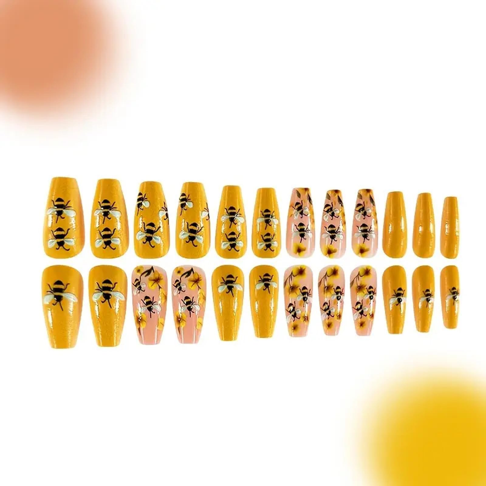 Coffin Press on Nails Yellow Fake Nails Spring Summer False Nails Medium Length Acrylic Nails Full Cover Stick on Nails with Bee Flower Design Cute Glossy Glue on Nails for Women Manicure Decoration - Image 4