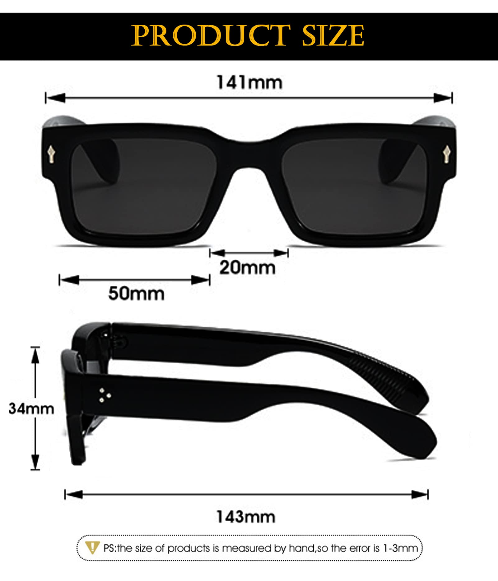 EYLRIM Square Frame Sunglasses for Women Men Trendy Chunky Rectangle Sun Glasses Black Shades UV400 Protection
