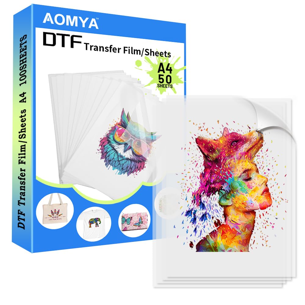 Aomya A4 DTF Transfer Film 50 Sheets,8.5x11 Glossy Clear PreTreat PET Heat Transfer DTF Paper for All Sublimation&DTF Printers,DTF Film for Sublimation Hack,Upgraded Premium Film for Fabrics Textile