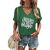 Christmas Shirts for Women V Neck Merry Christmas Tshirt Funny Xmas Holiday Graphic Short Sleeve Tee Tops