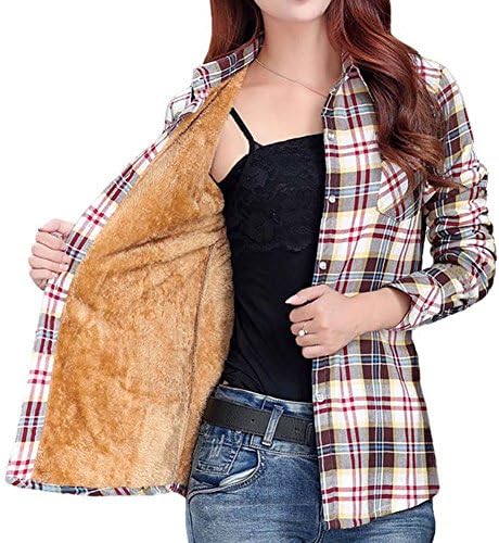 Totoship Long Sleeve Warm Heavy Plaid Shirt Fleece Lined Flannel Blouse (US 6, Dark Coffee)